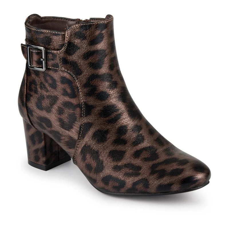 Patterned Block Heel Buckle Ankle Boots - WBINS38090 / 324 214 - Brown Leopard