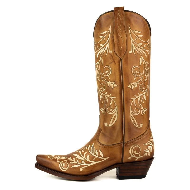 Handgemachte Cowboystiefel für Damen 2669 Braunes Leder und weiße Blumenstickerei