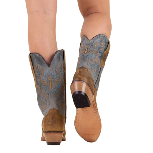 Westernstiefel CowboyStiefel für Damen handgefertigt, braunes und blaues Leder, bestickt LF1601E