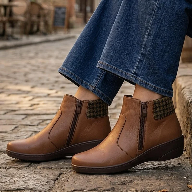 Smart Leather Ankle Boots W/ Soft Knitted Cuff - LUCK44008 / 330 194 - Tan