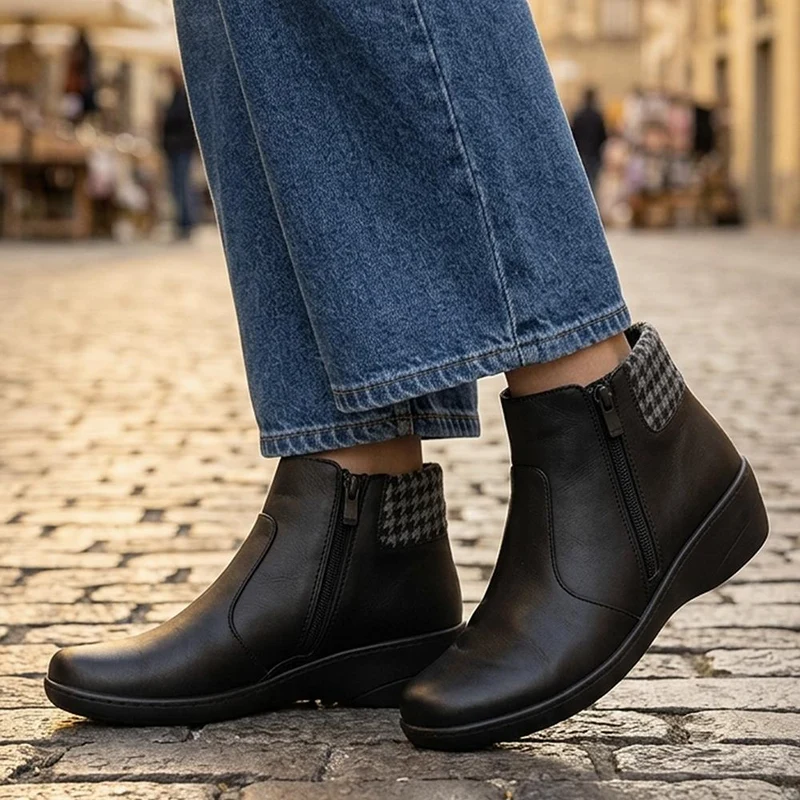 Smart Leather Ankle Boots W/ Soft Knitted Cuff - LUCK44008 / 330 194 - Black