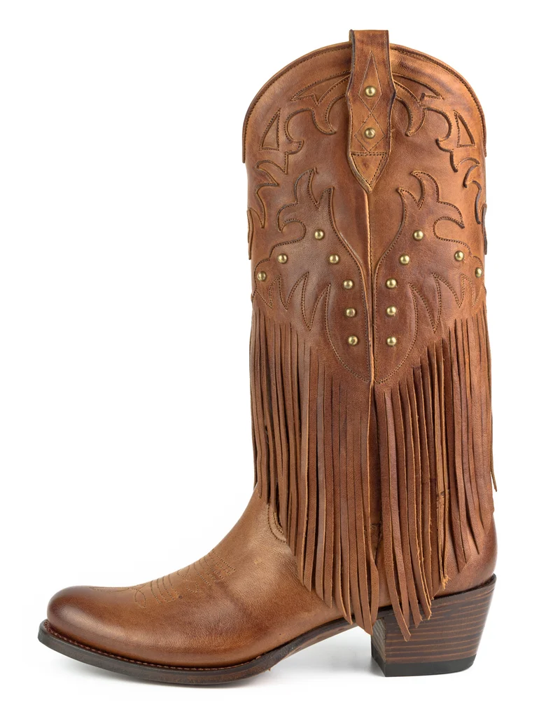 Westernstiefel CowboyStiefel für Damen handgefertigt aus braunem Leder mit Fransen, 2475