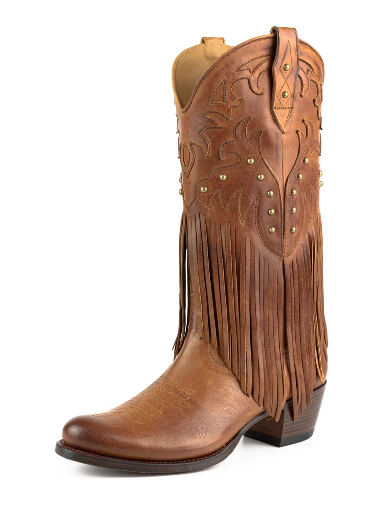 Westernstiefel CowboyStiefel für Damen handgefertigt aus braunem Leder mit Fransen, 2475