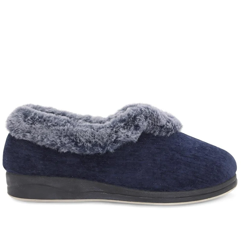 Wide Fit Faux Fur Memory Foam Slippers - QING44002 / 329 840 - Navy