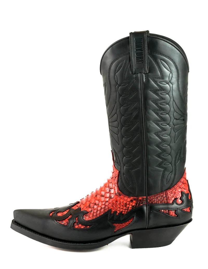 Damen- und Herren-Cowboystiefel, exotisches handgefertigtes schwarzes und rotes Leder, 1935, Texas
