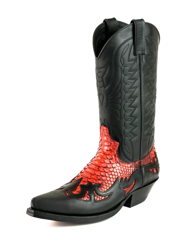 Damen- und Herren-Cowboystiefel, exotisches handgefertigtes schwarzes und rotes Leder, 1935, Texas
