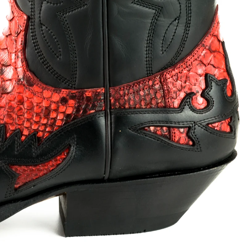 Damen- und Herren-Cowboystiefel, exotisches handgefertigtes schwarzes und rotes Leder, 1935, Texas