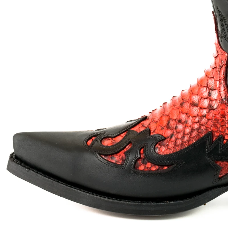 Damen- und Herren-Cowboystiefel, exotisches handgefertigtes schwarzes und rotes Leder, 1935, Texas