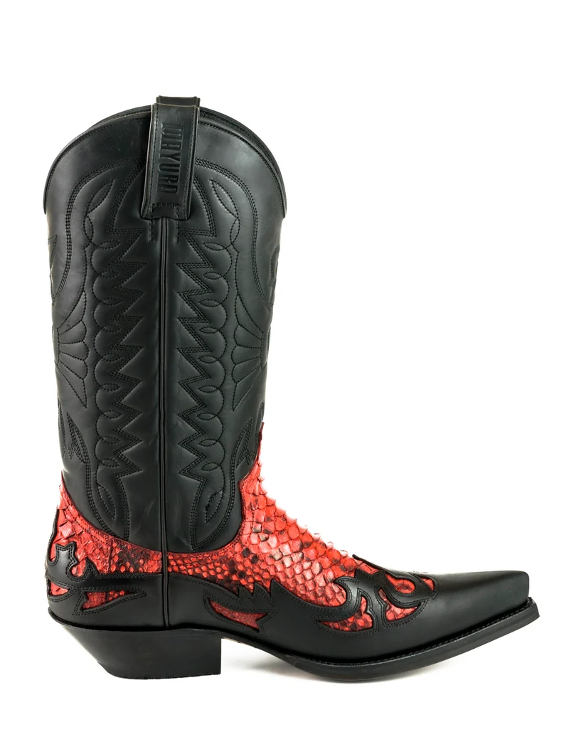 Damen- und Herren-Cowboystiefel, exotisches handgefertigtes schwarzes und rotes Leder, 1935, Texas