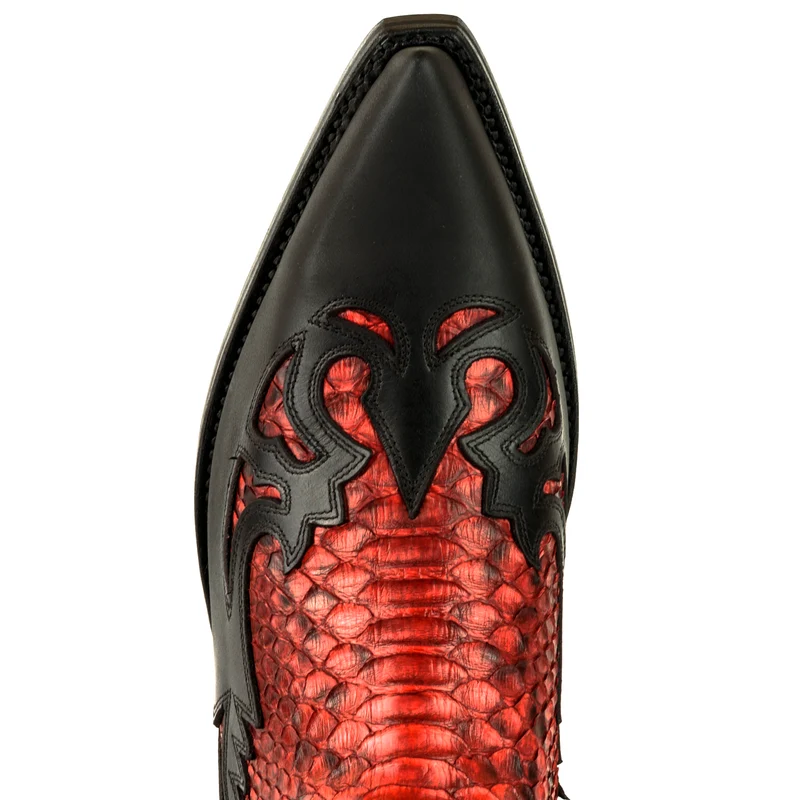 Damen- und Herren-Cowboystiefel, exotisches handgefertigtes schwarzes und rotes Leder, 1935, Texas