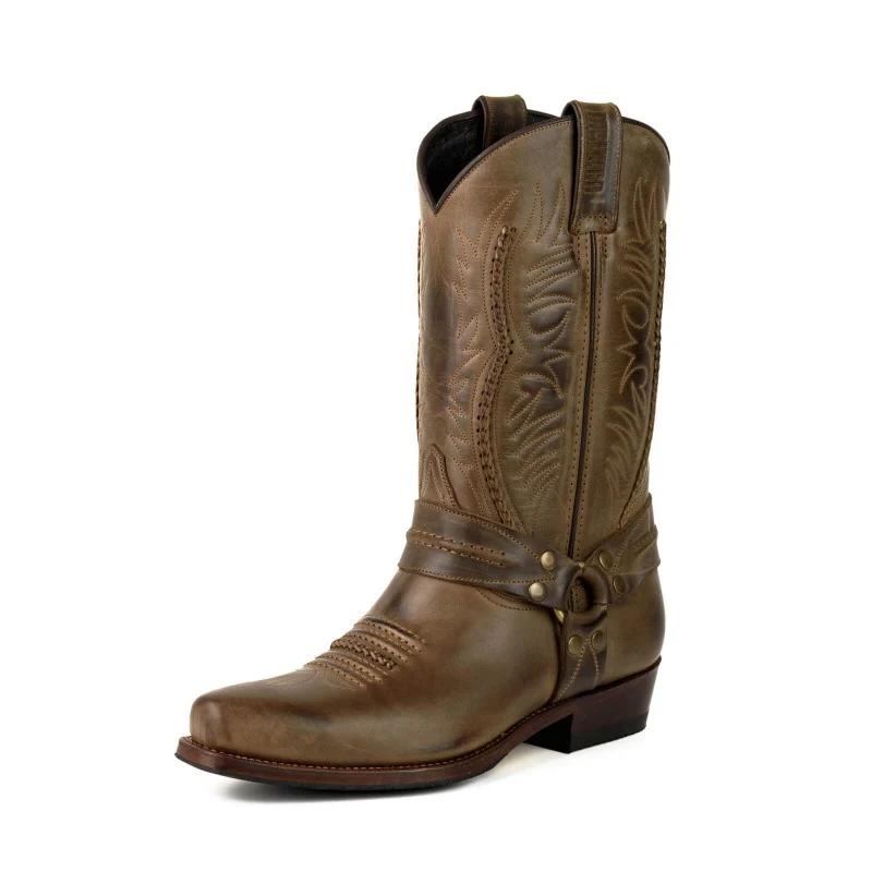 Handgefertigte Bikerstiefel für Herren und Damen aus braunem Leder 07 Texanas