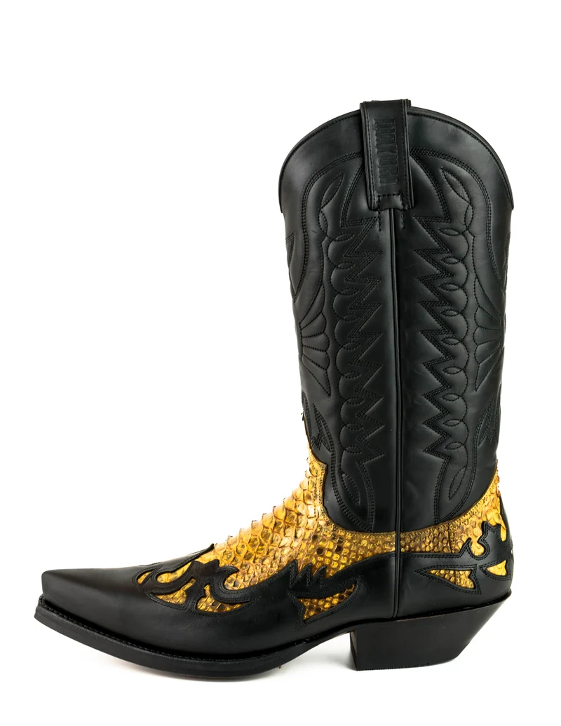 Cowboystiefel für Damen und Herren, exotisches handgefertigtes Leder, Schwarz und Gelb, 1935Texas