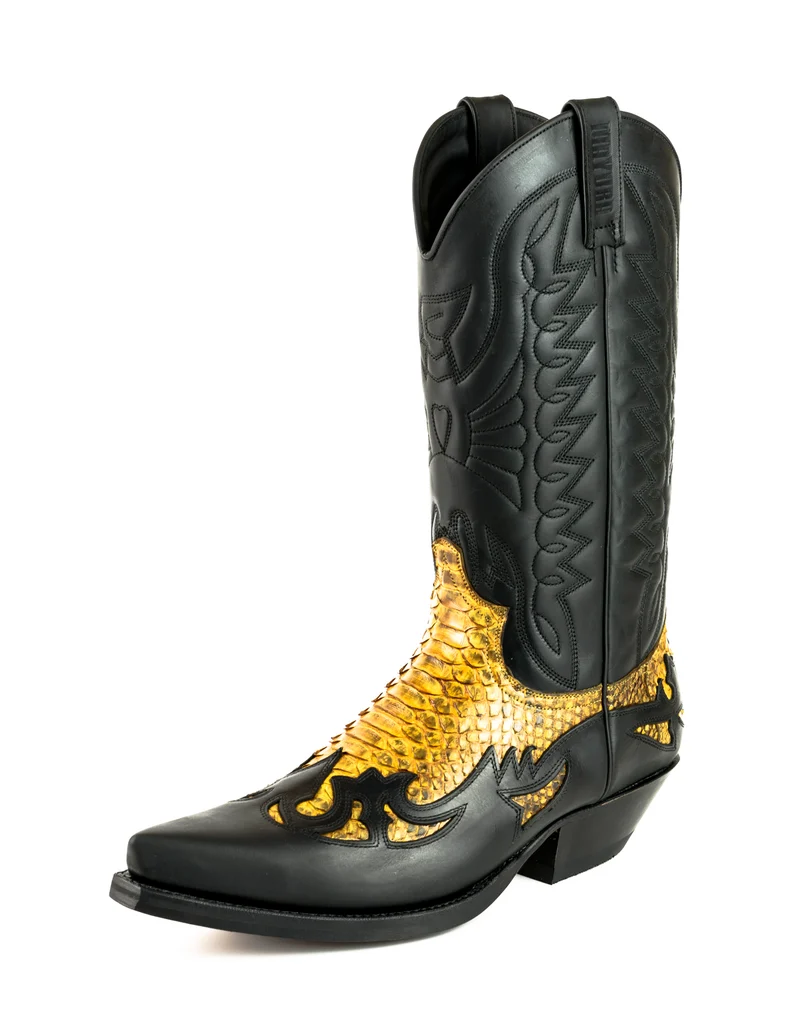 Cowboystiefel für Damen und Herren, exotisches handgefertigtes Leder, Schwarz und Gelb, 1935Texas