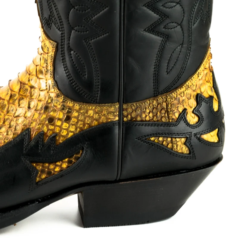 Cowboystiefel für Damen und Herren, exotisches handgefertigtes Leder, Schwarz und Gelb, 1935Texas