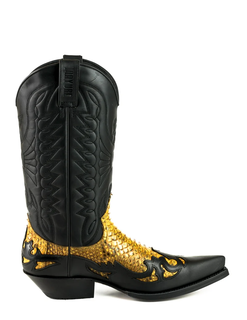 Cowboystiefel für Damen und Herren, exotisches handgefertigtes Leder, Schwarz und Gelb, 1935Texas