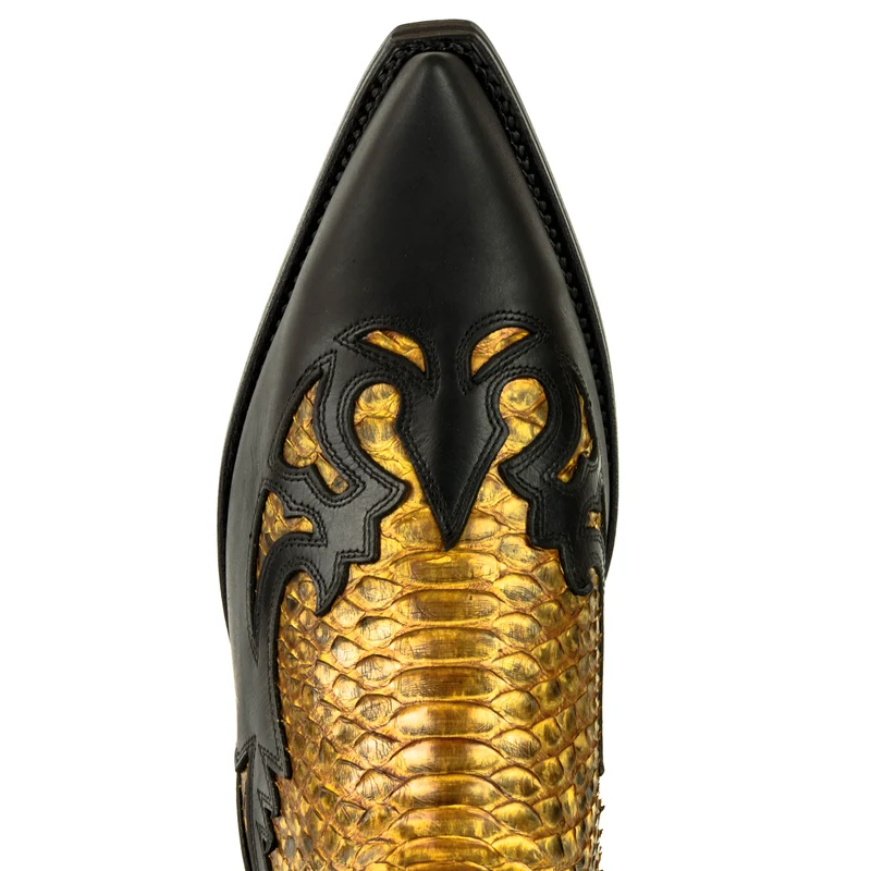 Cowboystiefel für Damen und Herren, exotisches handgefertigtes Leder, Schwarz und Gelb, 1935Texas