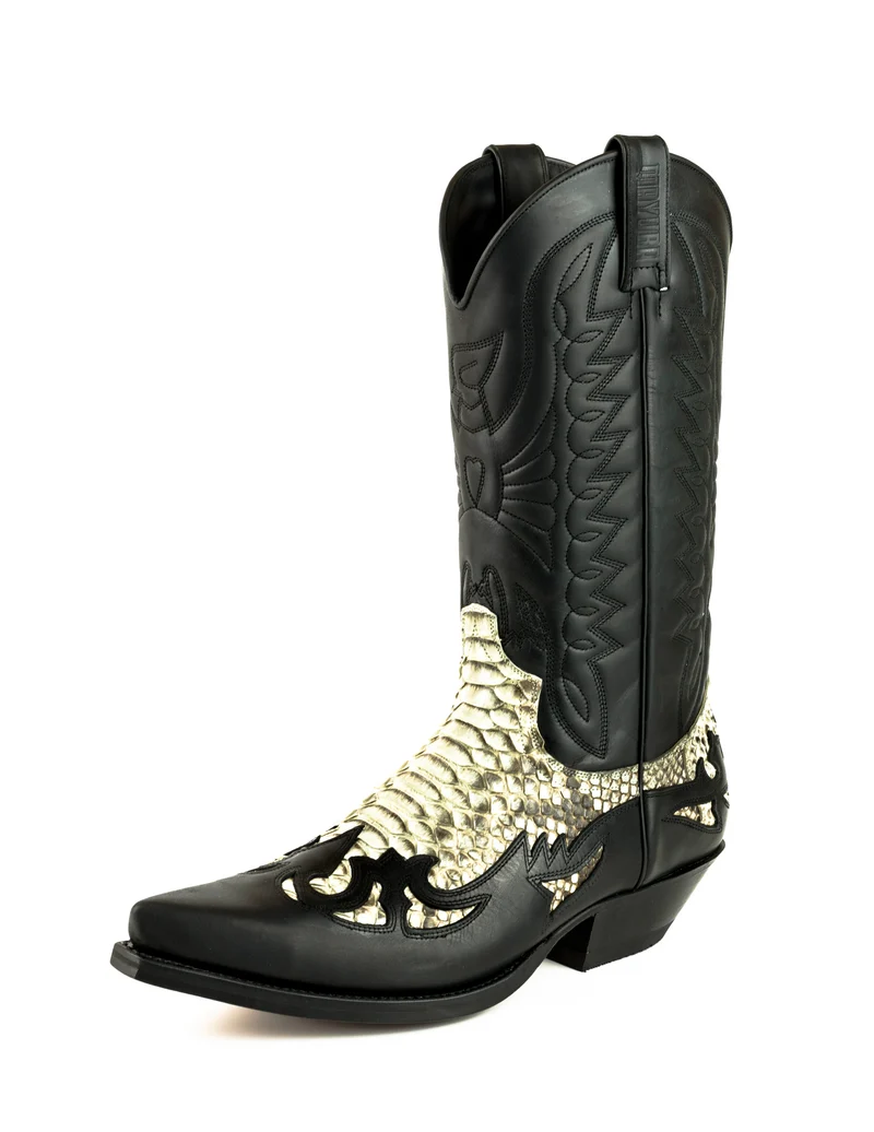 Cowboystiefel für Damen und Herren, exotisches handgefertigtes schwarzes und weißes Leder, 1935, Texas