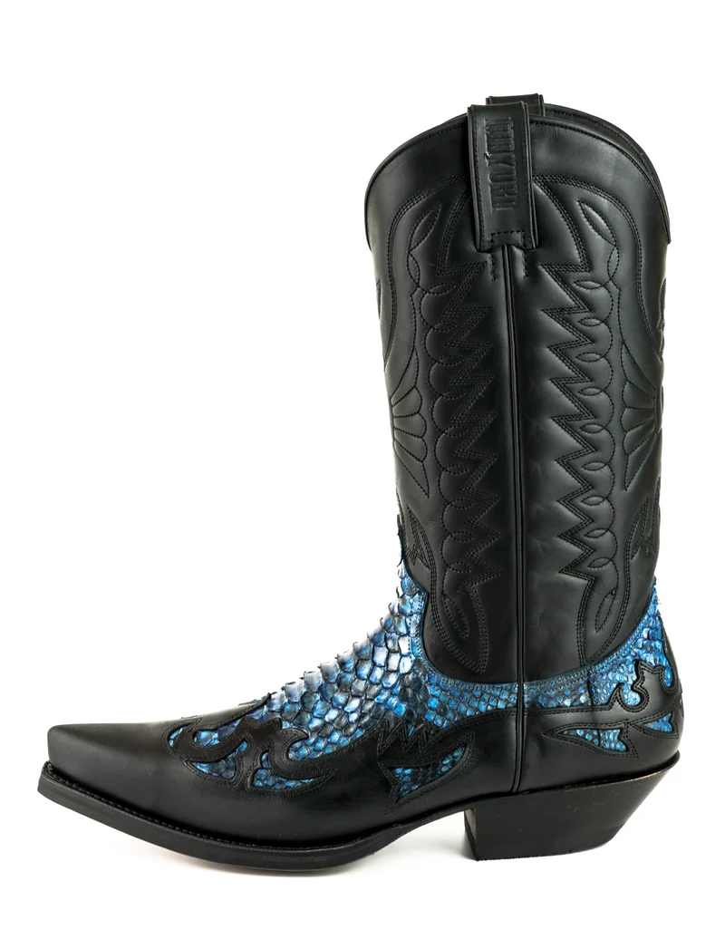 Cowboystiefel für Damen und Herren, exotisches handgefertigtes Leder, Schwarz und Blau, 1935Texas