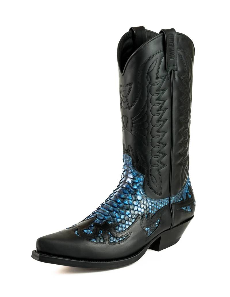 Cowboystiefel für Damen und Herren, exotisches handgefertigtes Leder, Schwarz und Blau, 1935Texas