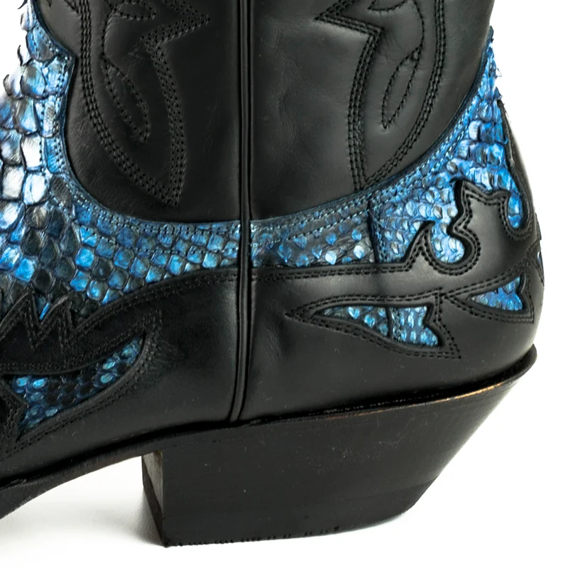 Cowboystiefel für Damen und Herren, exotisches handgefertigtes Leder, Schwarz und Blau, 1935Texas