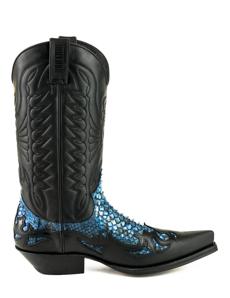 Cowboystiefel für Damen und Herren, exotisches handgefertigtes Leder, Schwarz und Blau, 1935Texas