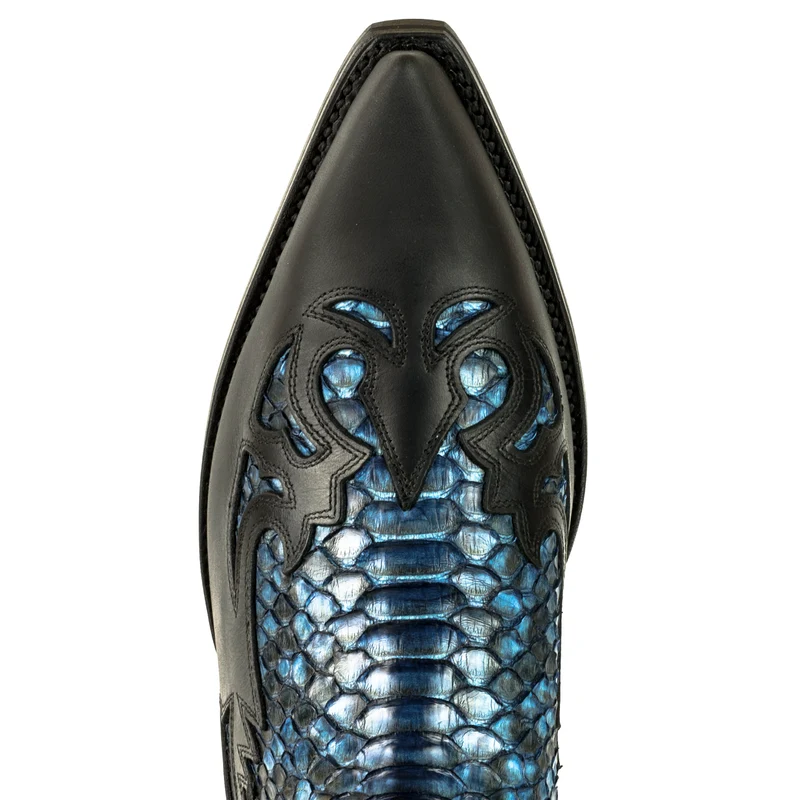 Cowboystiefel für Damen und Herren, exotisches handgefertigtes Leder, Schwarz und Blau, 1935Texas