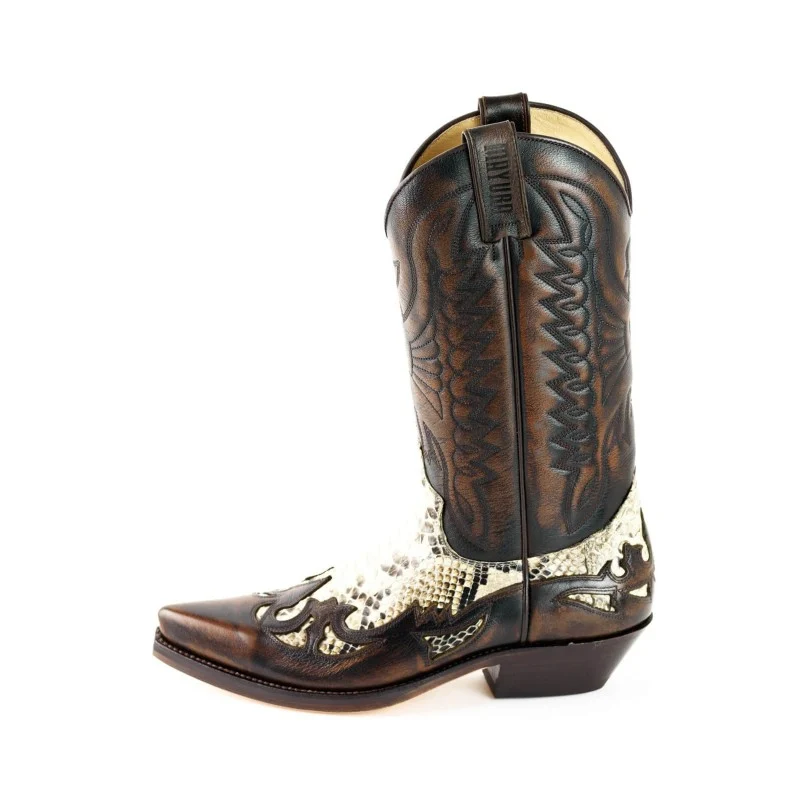 Damen- und Herren-Cowboystiefel, exotisches handgefertigtes braunes und weißes Leder, 1935-C Texanas