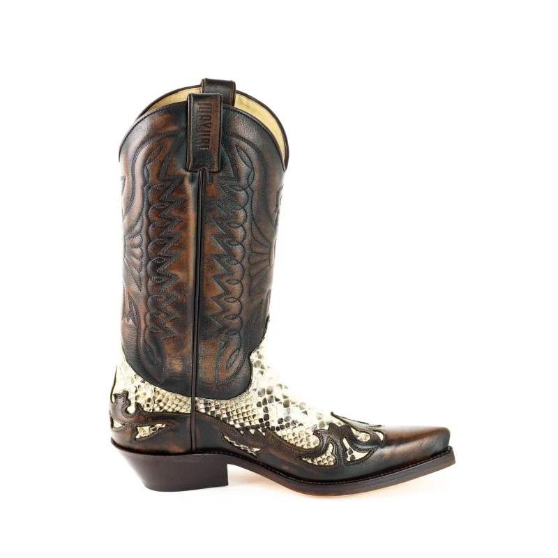 Damen- und Herren-Cowboystiefel, exotisches handgefertigtes braunes und weißes Leder, 1935-C Texanas