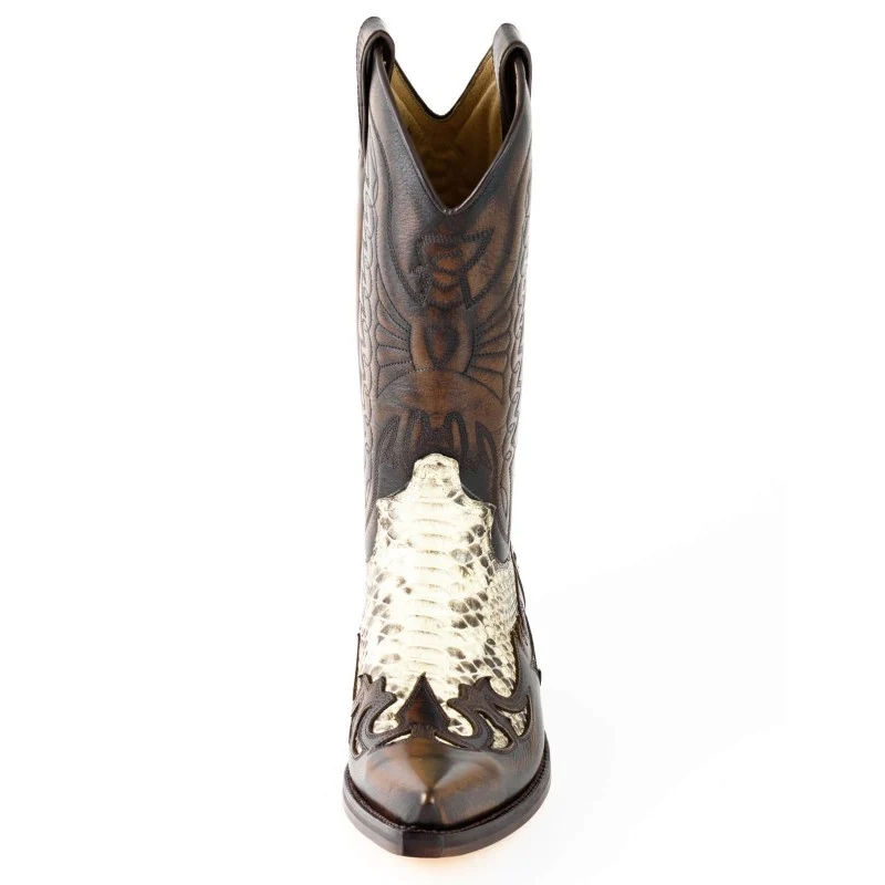 Damen- und Herren-Cowboystiefel, exotisches handgefertigtes braunes und weißes Leder, 1935-C Texanas