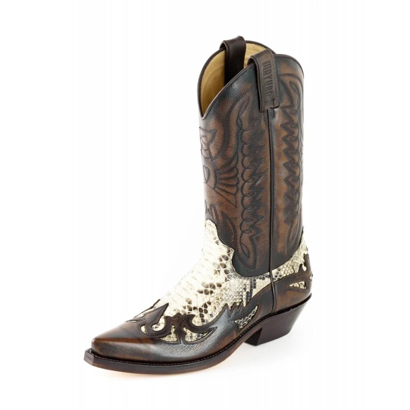 Damen- und Herren-Cowboystiefel, exotisches handgefertigtes braunes und weißes Leder, 1935-C Texanas