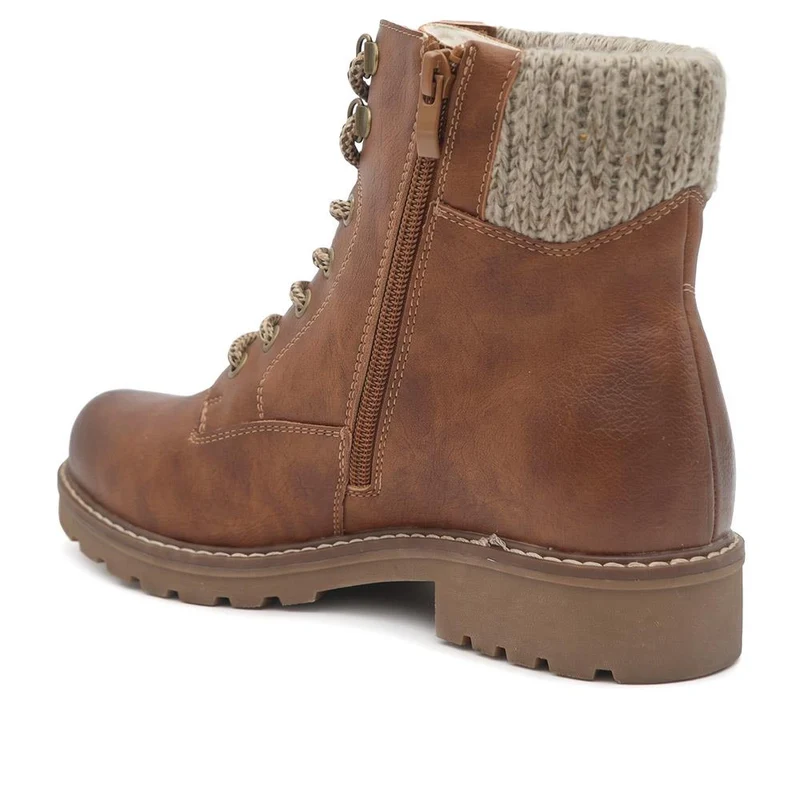 Knitted Cuff Lace Up Ankle Boots - SHINN44001 / 329 988 - Brown