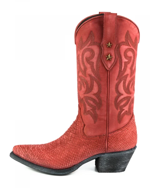 Westernstiefel CowboyStiefel für Damen handgefertigt, gewaschenes rotes Leder, 2524