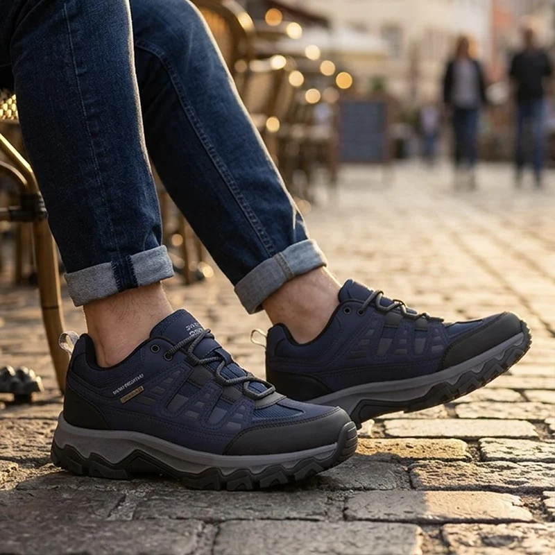 Extra Wide Leather Walking Trainers - FOCUS44001 / 330 474 - Navy