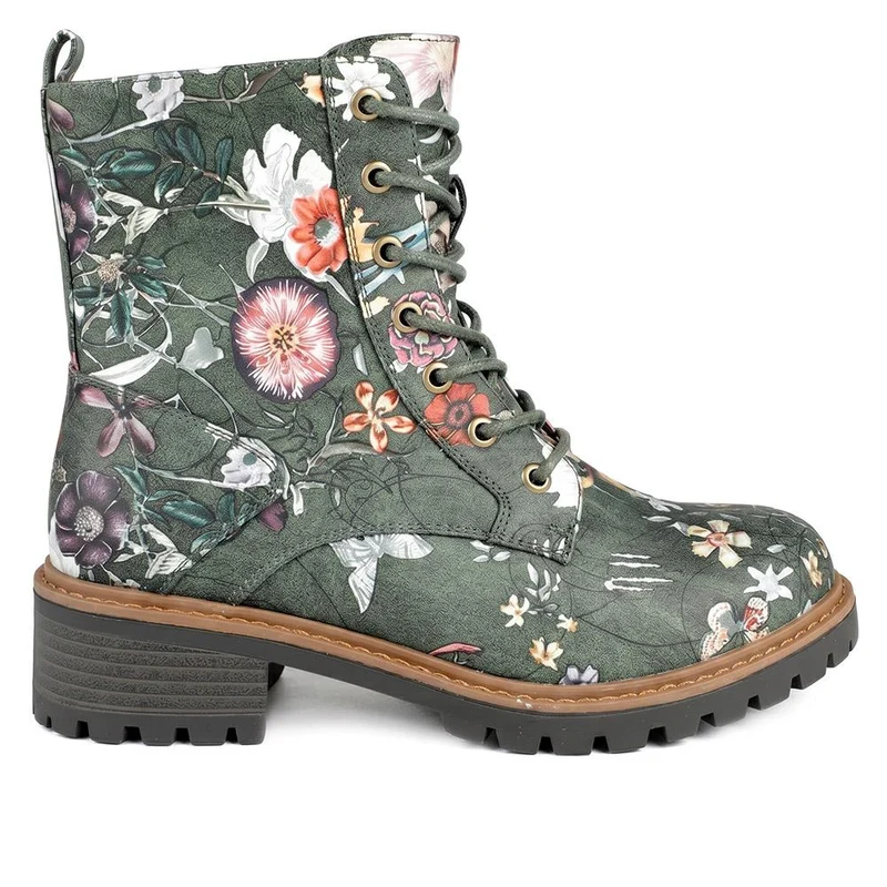 Wide Fit Floral Lace Up Boots - LAND44008 / 329 630 - Green Floral