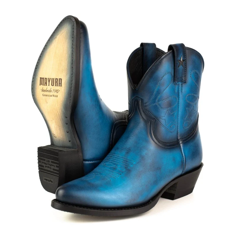 Handgefertigte Damen-Cowboystiefel oder Stiefeletten aus blauem Leder 2374 Texanas