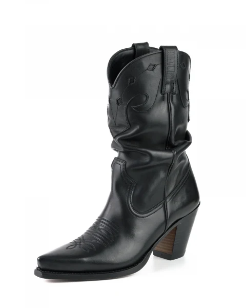 Westernstiefel CowboyStiefel für Damen handgefertigt, schwarzes Leder, gerüschtes Oberteil, 1952