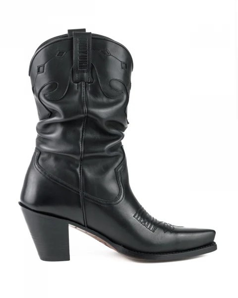 Westernstiefel CowboyStiefel für Damen handgefertigt, schwarzes Leder, gerüschtes Oberteil, 1952