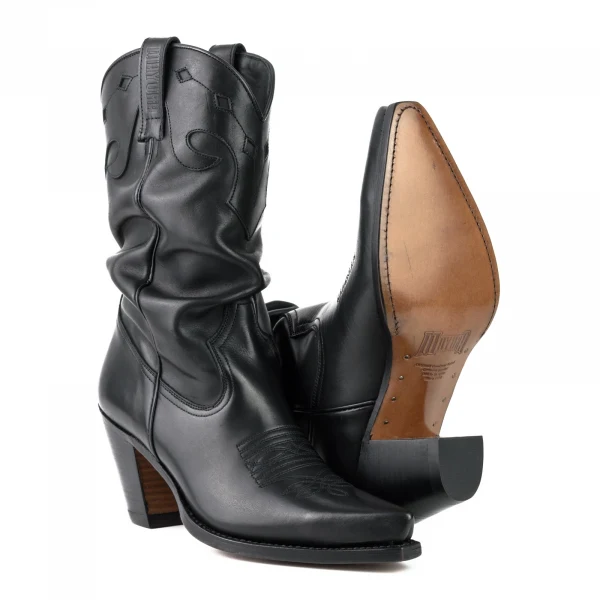 Westernstiefel CowboyStiefel für Damen handgefertigt, schwarzes Leder, gerüschtes Oberteil, 1952