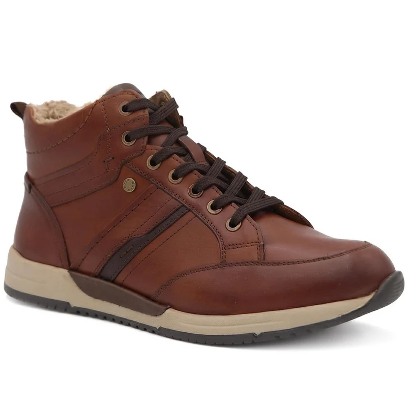 Wide Fit Leather Faux Fur Lined Hi Top Trainers - PARK44008 / 330 214
