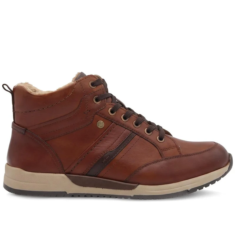 Wide Fit Leather Faux Fur Lined Hi Top Trainers - PARK44008 / 330 214 - Cognac