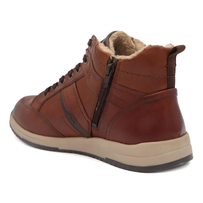 Wide Fit Leather Faux Fur Lined Hi Top Trainers - PARK44008 / 330 214 - Cognac