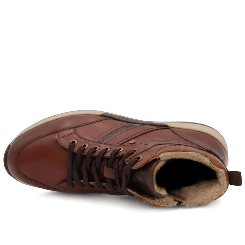 Wide Fit Leather Faux Fur Lined Hi Top Trainers - PARK44008 / 330 214 - Cognac