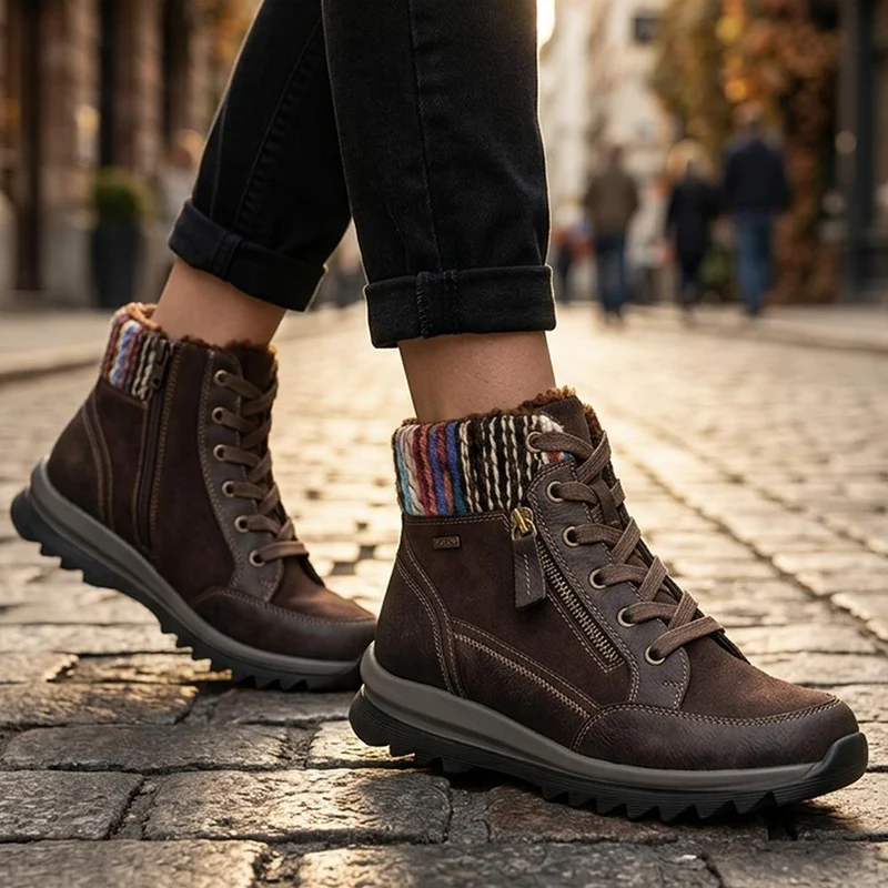 Warm Lined Knitted Cuff Grippy Ankle Boots - WBINS44074 / 330 074 - Chocolate