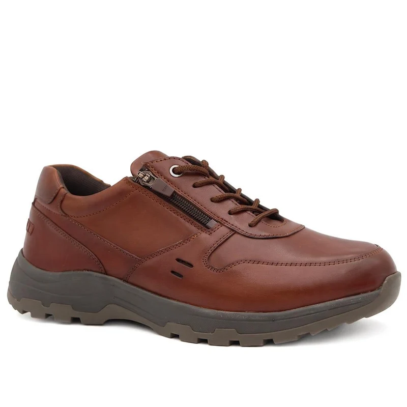 EasyFit Extra Wide Leather Lace Up Trainers - BENJAMIN / 330 157 - Cognac