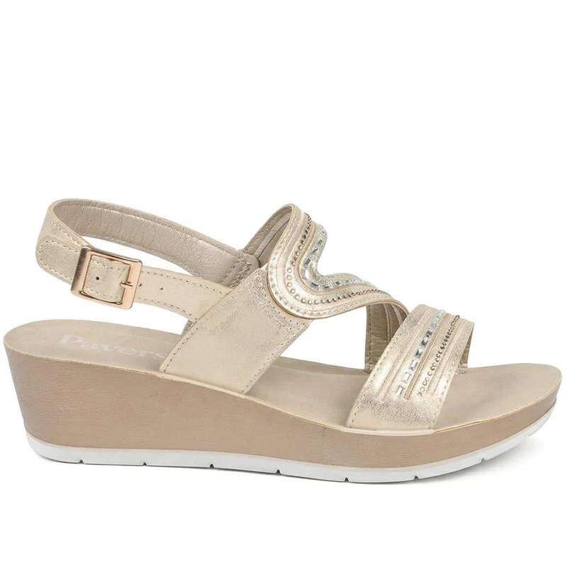 Wedge Heeled Buckle Fasten Sandals - INB43012 / 329 269 - Gold