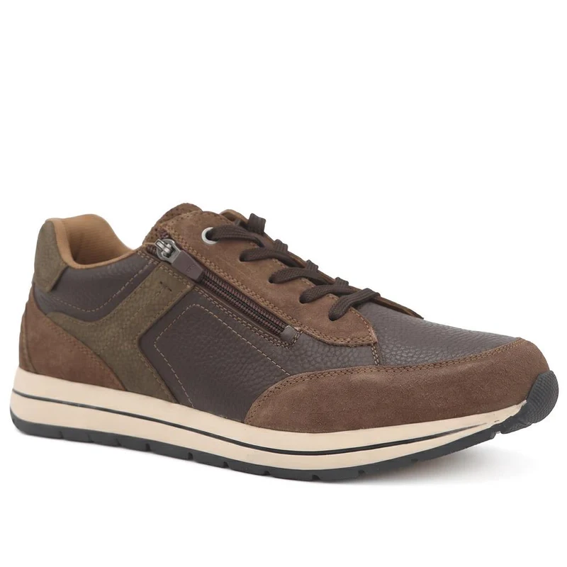 Wide Fit Leather Zip & Lace Cushioned Trainers - PARK44004 / 330 209 - Brown