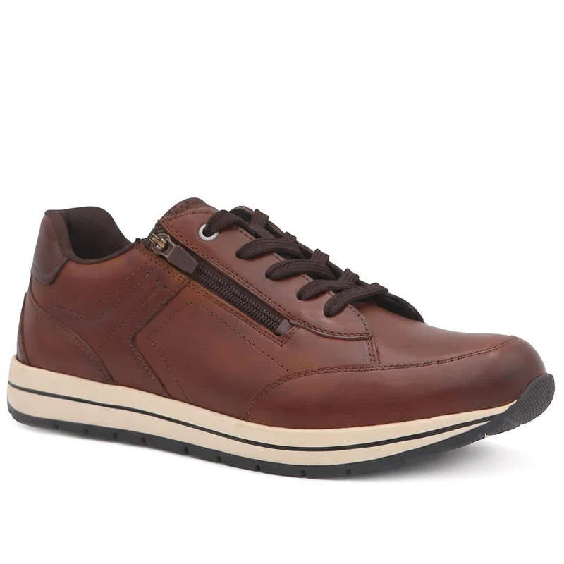 Wide Fit Leather Zip & Lace Cushioned Trainers - PARK44004 / 330 209 - Cognac