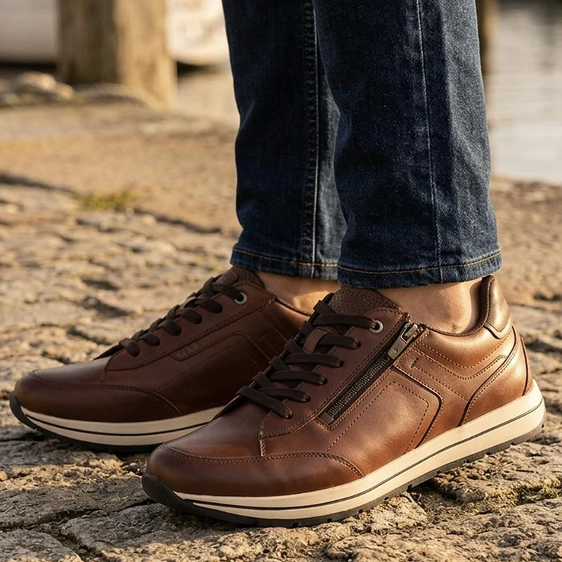 Wide Fit Leather Zip & Lace Cushioned Trainers - PARK44004 / 330 209 - Cognac