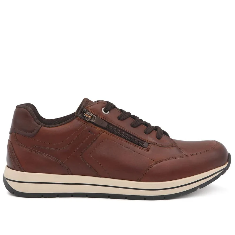 Wide Fit Leather Zip & Lace Cushioned Trainers - PARK44004 / 330 209 - Cognac