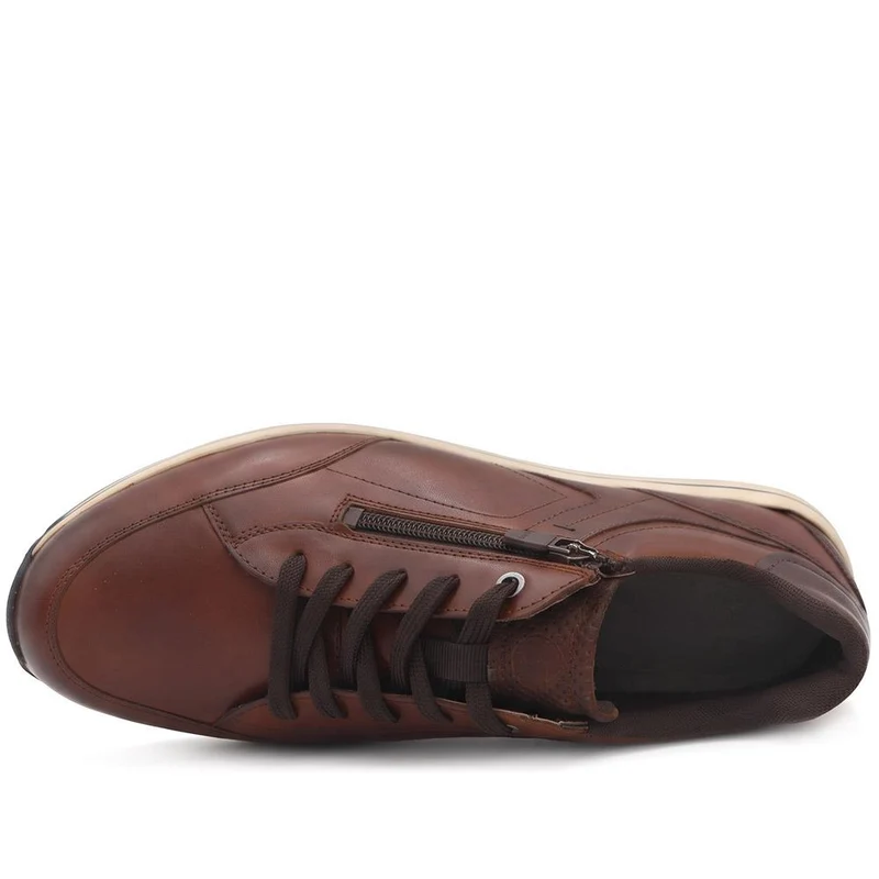 Wide Fit Leather Zip & Lace Cushioned Trainers - PARK44004 / 330 209 - Cognac